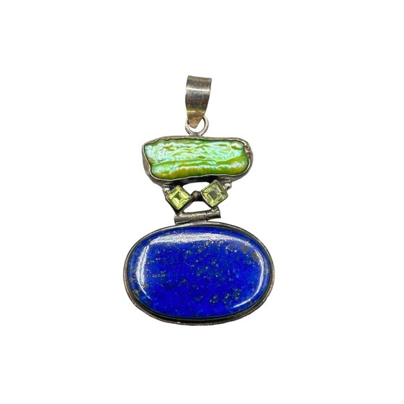 Lapis Lazuli & Green Dyed Pearl Sterling Silver Pendant 2" Charm Pendant - Picture 1 of 6